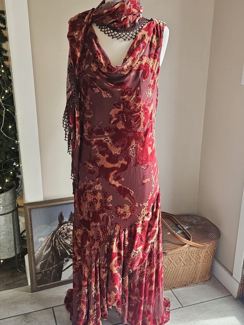 Vintage Bob Mackie Women's Red Floral Velvet Maxi Dress